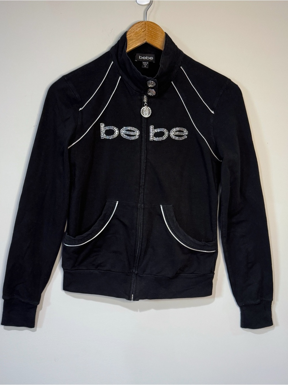 Bebe Y2K Rhinestone Spellout Full Zip Black Jacket Silver Piping USA McBling M